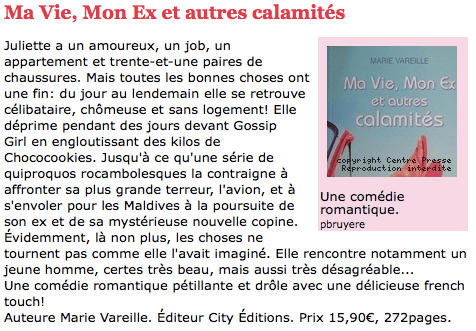 Article Centre Presse Marie Vareille Ma vie, mon ex et autres calamités